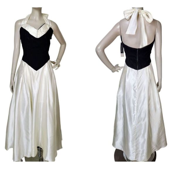 Vintage Dresses & Skirts - Vintage 80s Black Velvet Ivory Satin Princess Cut Halter Party Dress NEW